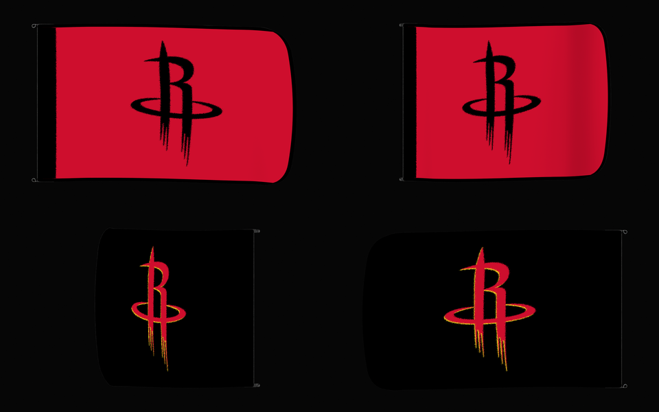 Houston Rockets Authentic Gameday Flag — clean four-view front design, front flying, back flying, and back design proof — source_sha256=681cadde26f49a22e1de7ae54472d96cd4fb26b6d25e3bb562aa239807e767a5