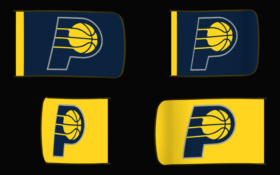 Indiana Pacers Authentic Gameday Flag — clean four-view front design, front flying, back flying, and back design proof — source_sha256=71a9cdf6b9ae5f04648d2c7e4f9b18439b44af33dc0e394c5ba7113804785dbd