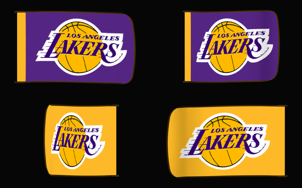Los Angeles Lakers Authentic Gameday Flag — clean four-view front design, front flying, back flying, and back design proof — source_sha256=aca75f6a9d7e78d6cd34a469a9425ed1be5639a606b9ca4d164b5df35a5767e1