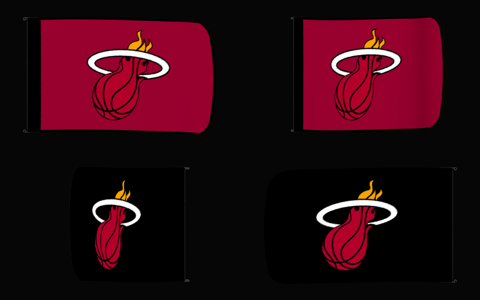 Miami Heat Authentic Gameday Flag — clean four-view front design, front flying, back flying, and back design proof — source_sha256=67c0336cb49114d07da0aa2b0bf4324f1a12a2a3cd875dc472f8068d051c38b1
