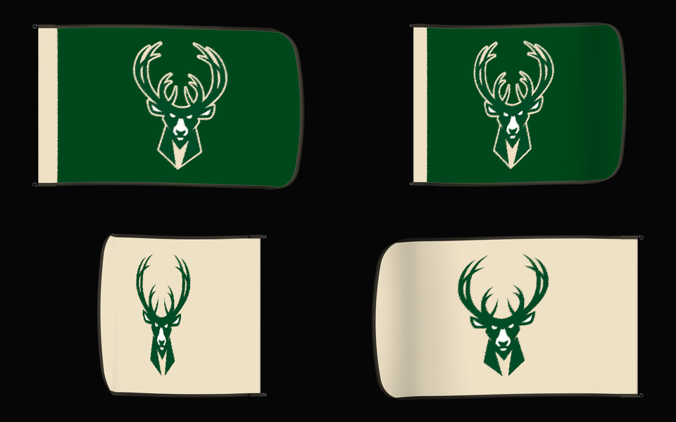 Milwaukee Bucks Authentic Gameday Flag — clean four-view front design, front flying, back flying, and back design proof — source_sha256=e57a2515b126207fbae82f26065c31c9ef9a5ded9eb34ff2cefb81d379039e72