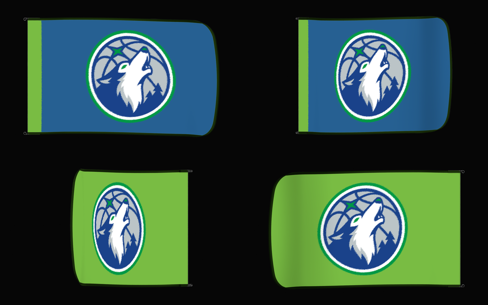 Minnesota Timberwolves Authentic Gameday Flag — clean four-view front design, front flying, back flying, and back design proof — source_sha256=cd4ad96007894818583c387132a3f4d4e6a235b2e6411beb3431a32f6b1c7f77