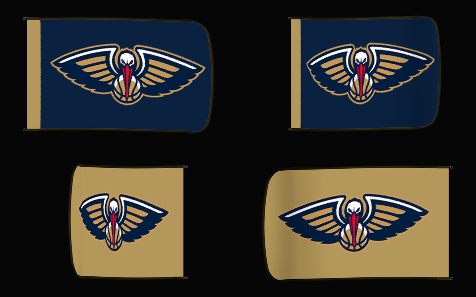 New Orleans Pelicans Authentic Gameday Flag — clean four-view front design, front flying, back flying, and back design proof — source_sha256=e1d3aef9b49f630e31cb38058ae85c7b5838465ea932d0394550d27ac5854a3b