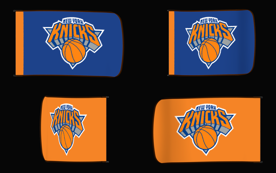 New York Knicks Authentic Gameday Flag — clean four-view front design, front flying, back flying, and back design proof — source_sha256=4974a9ffb22ed74087ff4b0cbef59685a0ac39d92970c5c9a8248a52aef5b7a7
