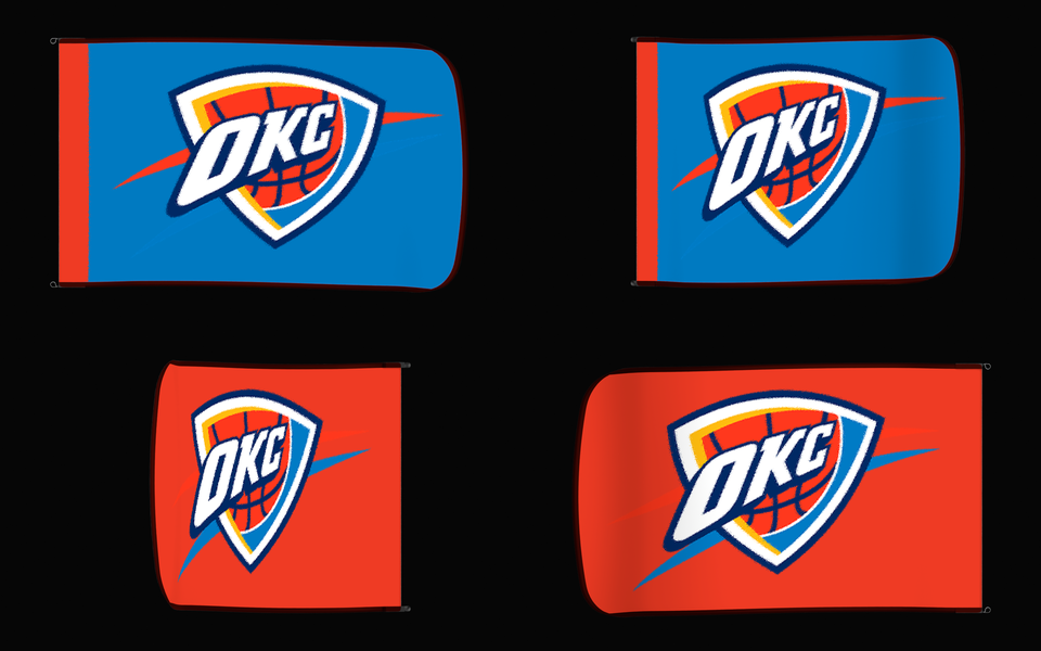 Oklahoma City Thunder Authentic Gameday Flag — clean four-view front design, front flying, back flying, and back design proof — source_sha256=393a8b46b835ffe12834ceef389936db167919ff4b650e653ab7e7e80d5fd6fc
