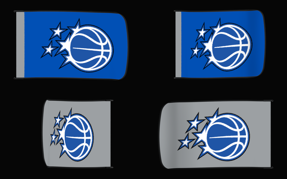 Orlando Magic Authentic Gameday Flag — clean four-view front design, front flying, back flying, and back design proof — source_sha256=d8c0b375a39f0ab7a40c6bbbc2cd99fd319983b9e62d8654298bd2a39a594afd