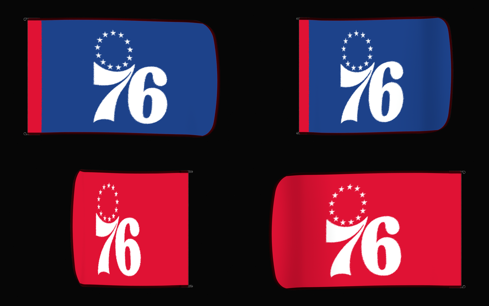 Philadelphia 76ers Authentic Gameday Flag — clean four-view front design, front flying, back flying, and back design proof — source_sha256=6488f57ee9846b4af0d03f45404878825f902929505ee5d90bc19b9fdc533207