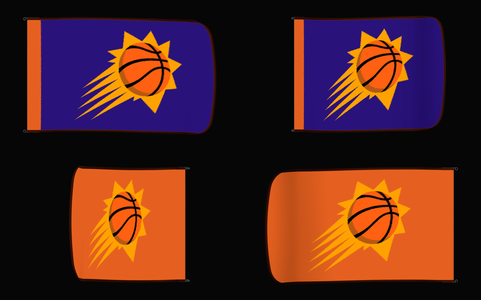 Phoenix Suns Authentic Gameday Flag — clean four-view front design, front flying, back flying, and back design proof — source_sha256=8a330b83cfd497997c4610b4cfbf1ca7f7fdcc927ff43e3ce0966dd1a861dee2