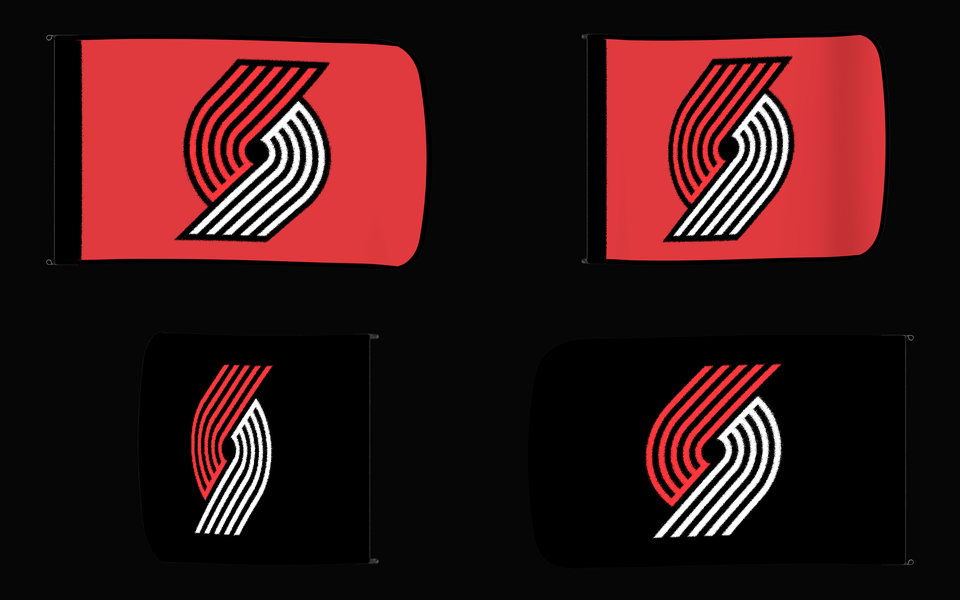 Portland Trail Blazers Authentic Gameday Flag — clean four-view front design, front flying, back flying, and back design proof — source_sha256=ed31c3a06d62d49c617ddbe428ff6fe17ce986976f425fa216d236c77b409c5c
