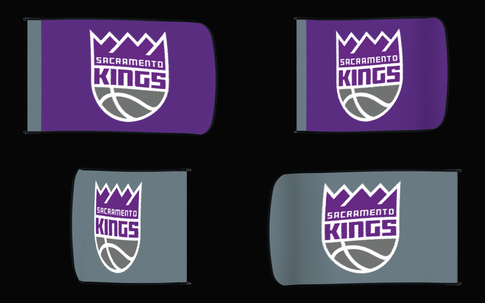 Sacramento Kings Authentic Gameday Flag — clean four-view front design, front flying, back flying, and back design proof — source_sha256=9c7499424972e07bd396be59ed884c41a7c56e3462b9b79c81a9e9eb2034c52a