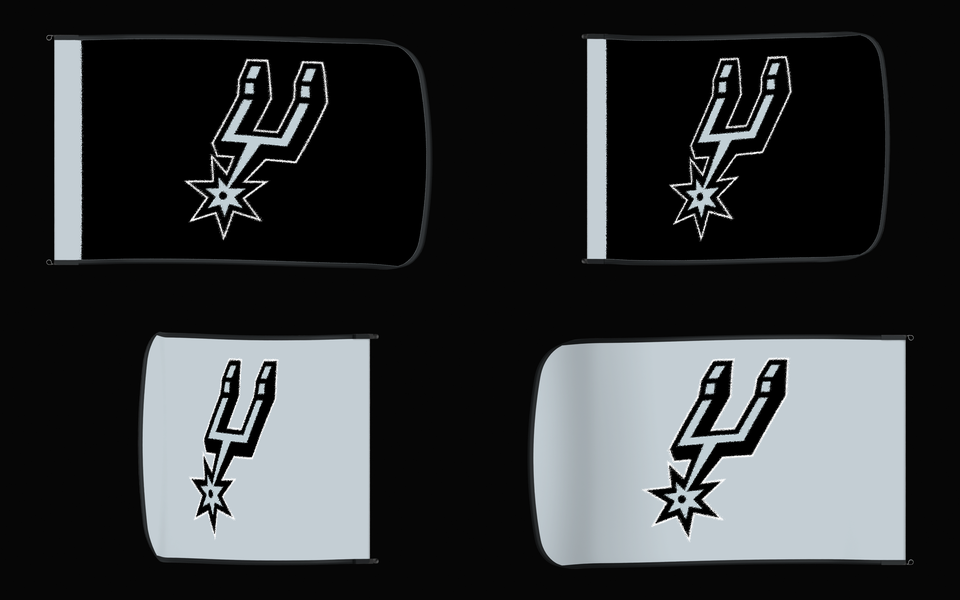 San Antonio Spurs Authentic Gameday Flag — clean four-view front design, front flying, back flying, and back design proof — source_sha256=1eb54826b7df48618a6d5adef1d40eae0f29f4f9c0e104a90ee696b09088b80c