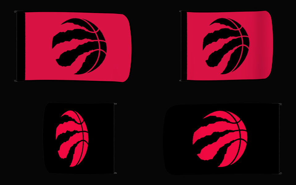 Toronto Raptors Authentic Gameday Flag — clean four-view front design, front flying, back flying, and back design proof — source_sha256=42954a559991e83e9a0fd03d220ae2ef910ef43a0612a2eafc7c52cab5861936