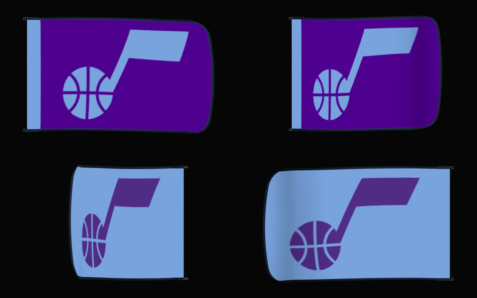 Utah Jazz Authentic Gameday Flag — clean four-view front design, front flying, back flying, and back design proof — source_sha256=4a3da4bd770a00ec77fa9dc51e10c547de6f7b0da55aab575e872793956775ac