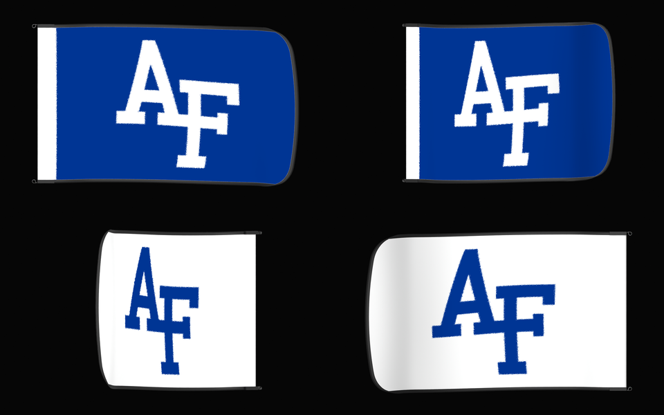 Air Force Falcons Authentic Gameday Flag — clean four-view front design, front flying, back flying, and back design proof — source_sha256=96533cef5a60c35022618be6cc2adbed66075a98a87030c46c9ad514318c9e38