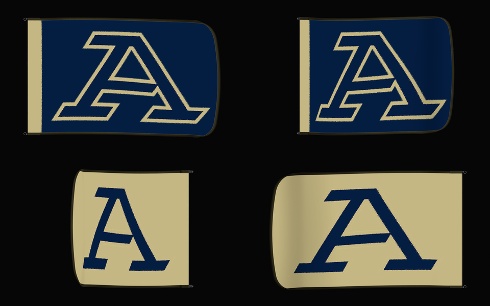Akron Zips Authentic Gameday Flag — clean four-view front design, front flying, back flying, and back design proof — source_sha256=dcb3c3e4ce6a8e9253580f3798bee3d9cc9d690e9a7f46499f8318ec4aee6f74