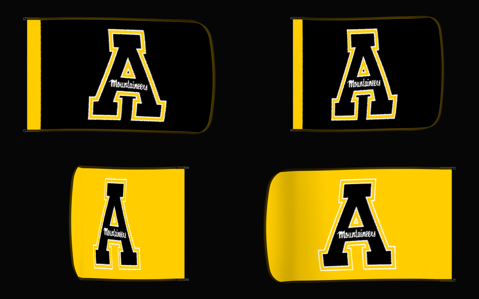 App State Mountaineers Authentic Gameday Flag — clean four-view front design, front flying, back flying, and back design proof — source_sha256=b50c5170e05c9989a4c7977608642f4c3e26889752ed5daff339913e5d4bbd4c