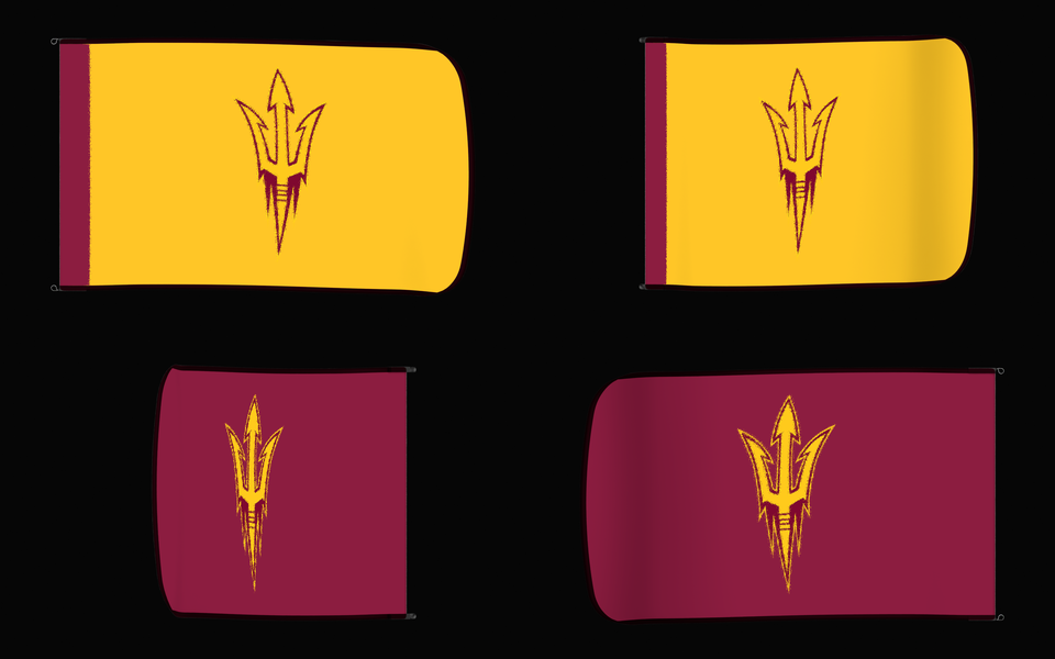 Arizona State Sun Devils Authentic Gameday Flag — clean four-view front design, front flying, back flying, and back design proof — source_sha256=2bcdfc88342eeab2453876ffbaaf0409baa23277e2f91f1b8c261211a9f89566