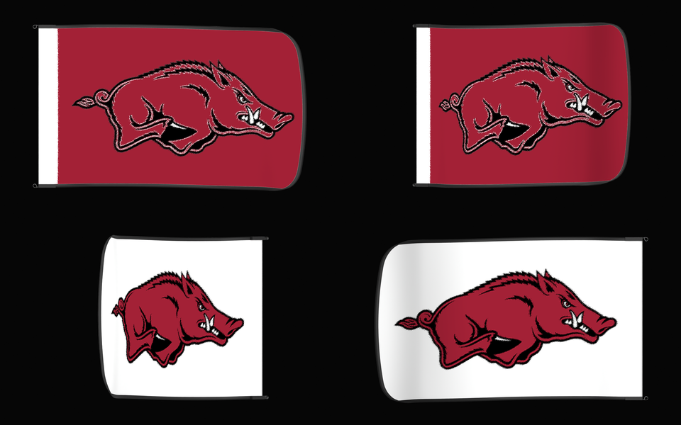 Arkansas Razorbacks Authentic Gameday Flag — clean four-view front design, front flying, back flying, and back design proof — source_sha256=2065b6a1a3b0e135234710719531f7a3e7b8435f260c517cdc982d66f62d67cf