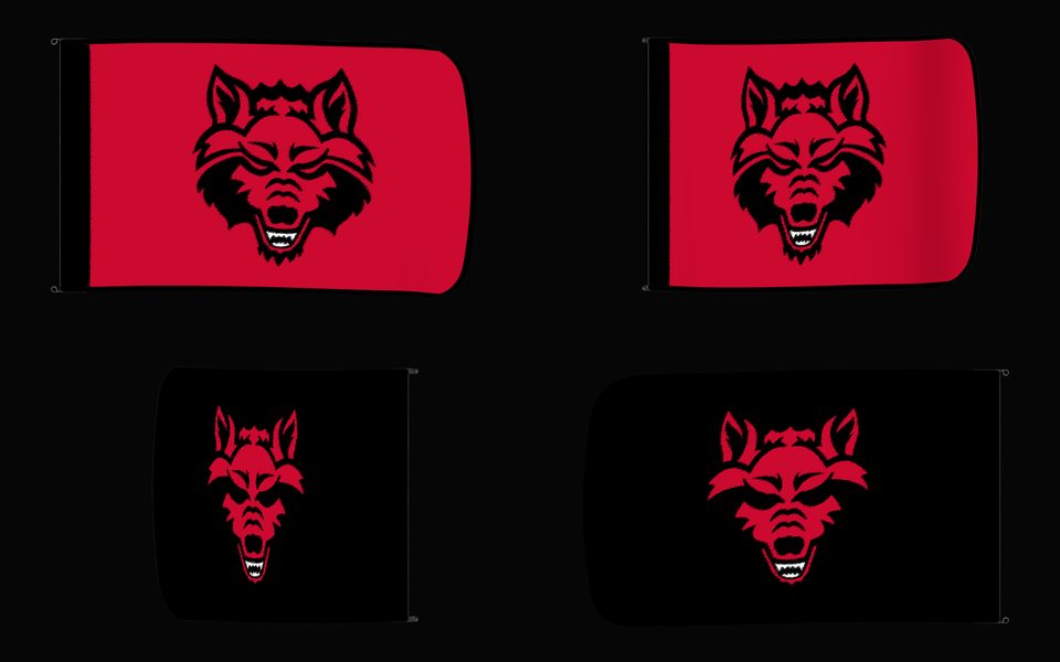 Arkansas State Red Wolves Authentic Gameday Flag — clean four-view front design, front flying, back flying, and back design proof — source_sha256=862a75c21a53120b83c47ee6aa78381c989d48f0967f910e7ae2a5b18c15cc57