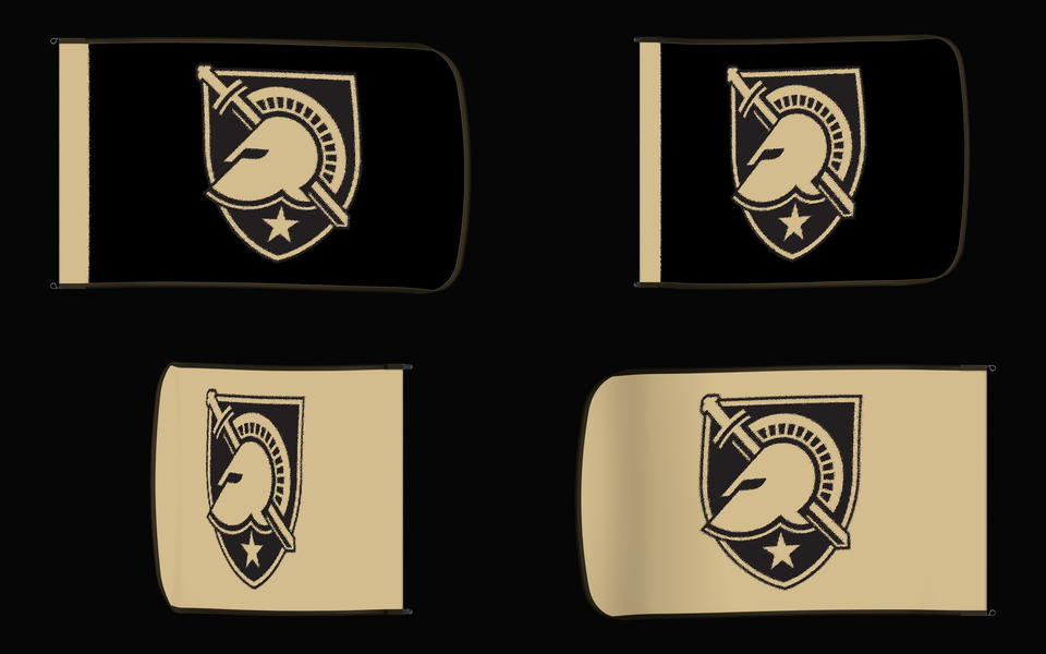 Army Black Knights Authentic Gameday Flag — clean four-view front design, front flying, back flying, and back design proof — source_sha256=c2c8a5385cceceb6c8fc4533013d060b7979442f2712af10a1e330ce0d8307e2