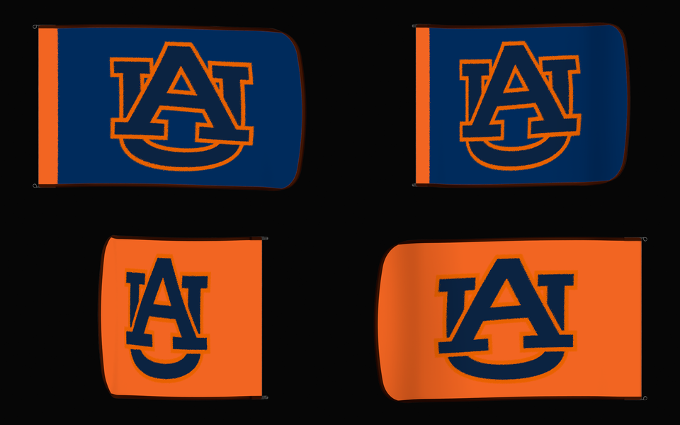 Auburn Tigers Authentic Gameday Flag — clean four-view front design, front flying, back flying, and back design proof — source_sha256=d181a81960482fb2d79fc95f598c09afcab9e0ffbed93c719b0dd73e7a60bd0b