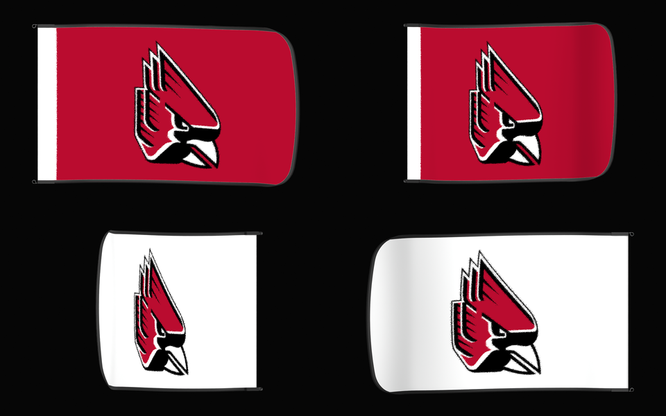 Ball State Cardinals Authentic Gameday Flag — clean four-view front design, front flying, back flying, and back design proof — source_sha256=f660f94af4c595676e5174cb7f274f3f9fcf066636edfcfba8101f5df337d6f0