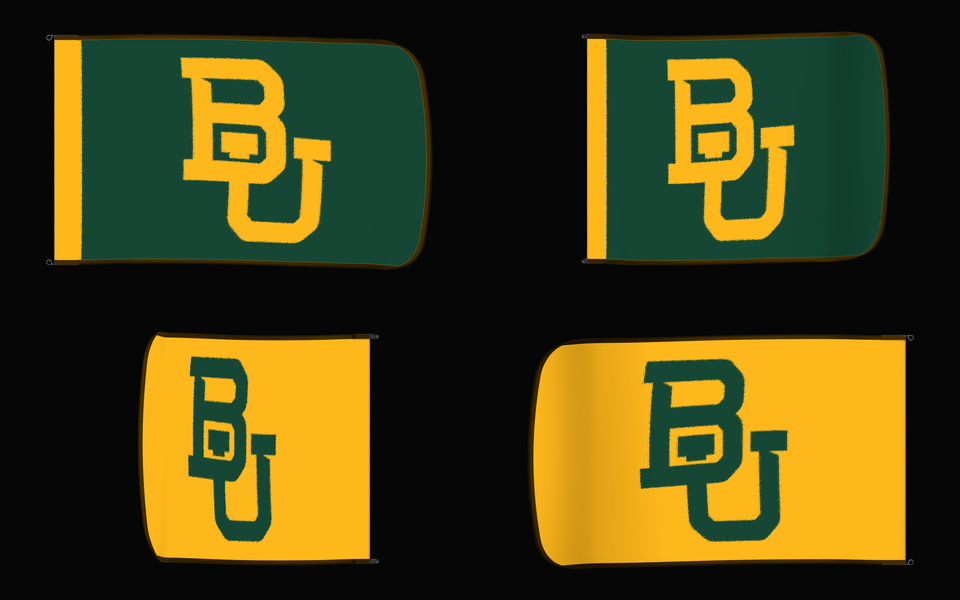 Baylor Bears Authentic Gameday Flag — clean four-view front design, front flying, back flying, and back design proof — source_sha256=c68c0ea0db083bbdde5c55b8e489309ada861de2b64c82c6456fcc437dd8c14a