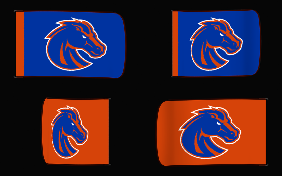 Boise State Broncos Authentic Gameday Flag — clean four-view front design, front flying, back flying, and back design proof — source_sha256=d25bda0fed4c1d45554be6088aaecfba8470b0be1cab7ee15c96c8362064bd57