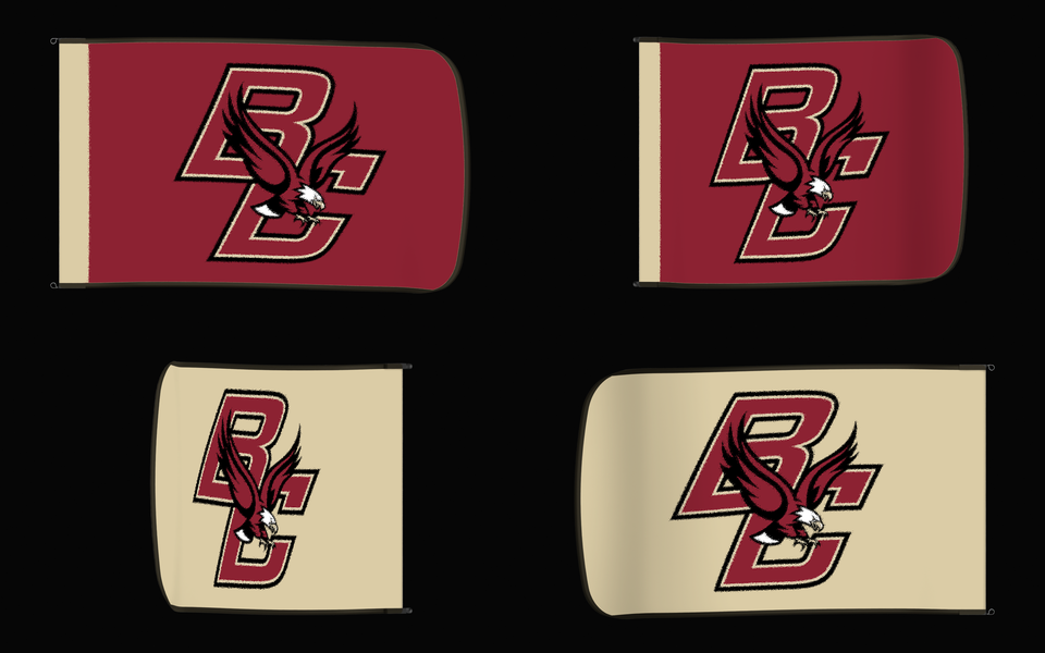 Boston College Eagles Authentic Gameday Flag — clean four-view front design, front flying, back flying, and back design proof — source_sha256=04ea6554d1bbeae26ca77d3750256c33063e54dfb830ef4b548889dcb3a98767
