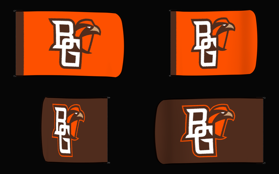 Bowling Green Falcons Authentic Gameday Flag — clean four-view front design, front flying, back flying, and back design proof — source_sha256=6a860df535a571acd8aa01cc9f9e8120d1081aa7f7126495fe3a87a14a1307b4