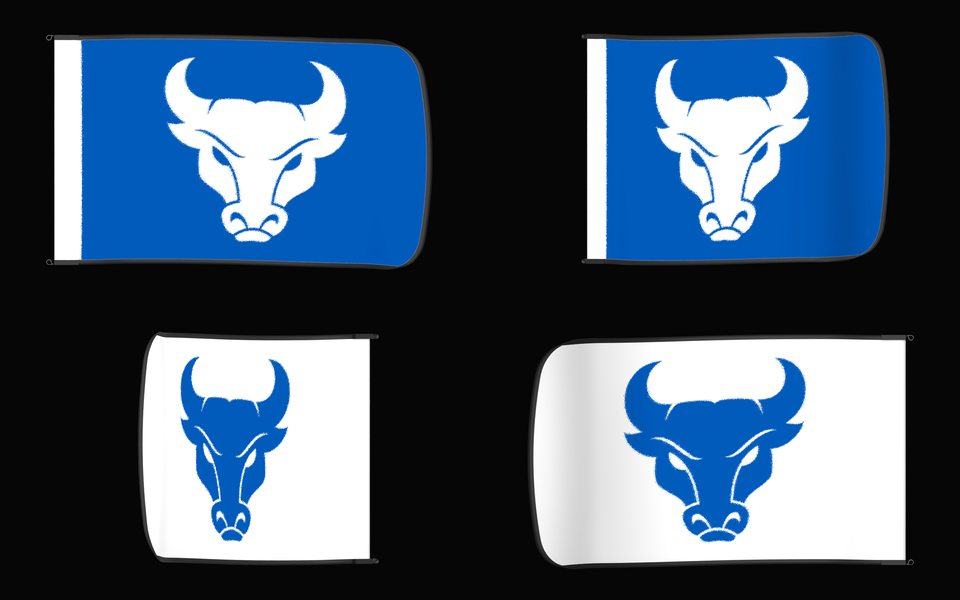 Buffalo Bulls Authentic Gameday Flag — clean four-view front design, front flying, back flying, and back design proof — source_sha256=79be6bb3b26a5d111381c3880193743353efa0848fad25b5dbfc17fd2836bdac