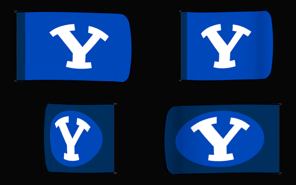 BYU Cougars Authentic Gameday Flag — clean four-view front design, front flying, back flying, and back design proof — source_sha256=506dac847b0c6b3208b659a5c9a91ca7926e178cab212ccad6d0a1a4134efb05