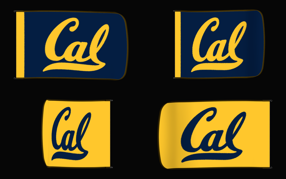 California Golden Bears Authentic Gameday Flag — clean four-view front design, front flying, back flying, and back design proof — source_sha256=a1d84d4b2c1f5d070da4c5fee81c7a258a640648345352aae6a65675b4ec2317