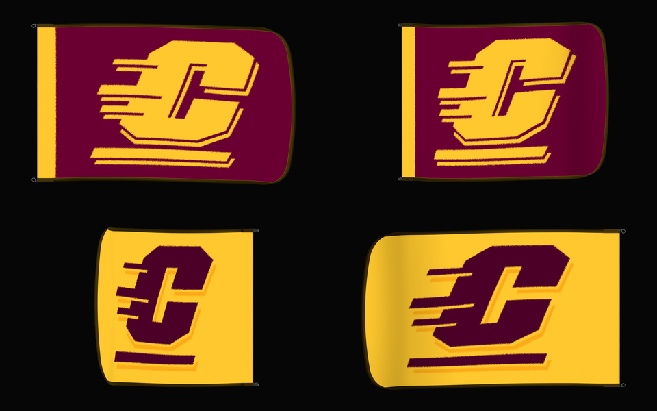 Central Michigan Chippewas Authentic Gameday Flag — clean four-view front design, front flying, back flying, and back design proof — source_sha256=45ad22db7d80ce5ea918f5b09815d09b102b61f6420eb619b98182ccf945810a