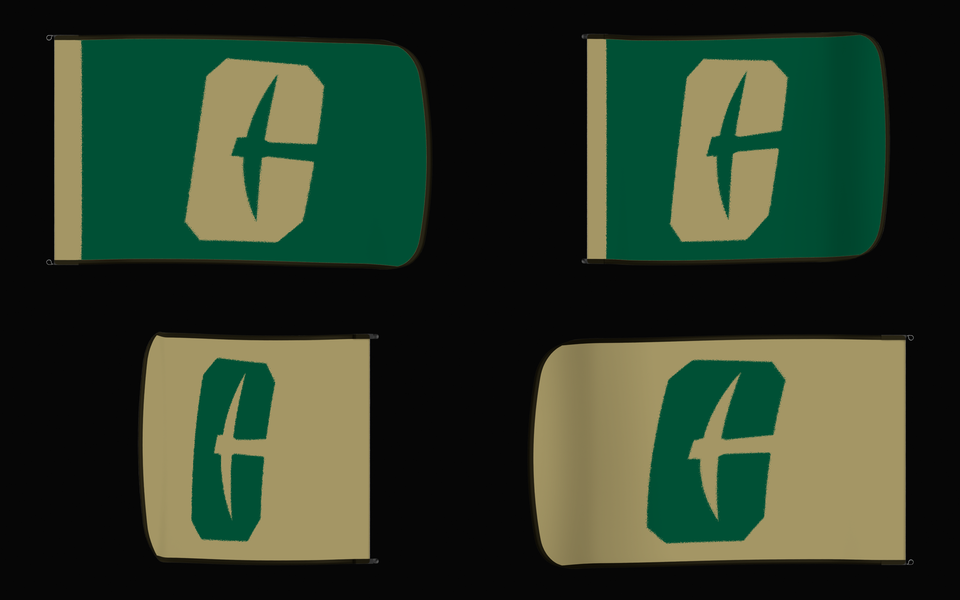 Charlotte 49ers Authentic Gameday Flag — clean four-view front design, front flying, back flying, and back design proof — source_sha256=d7cf0d2a14b03278dbf4b4b4e3e47bfe43524f03de5b4b5379045d13786ed942