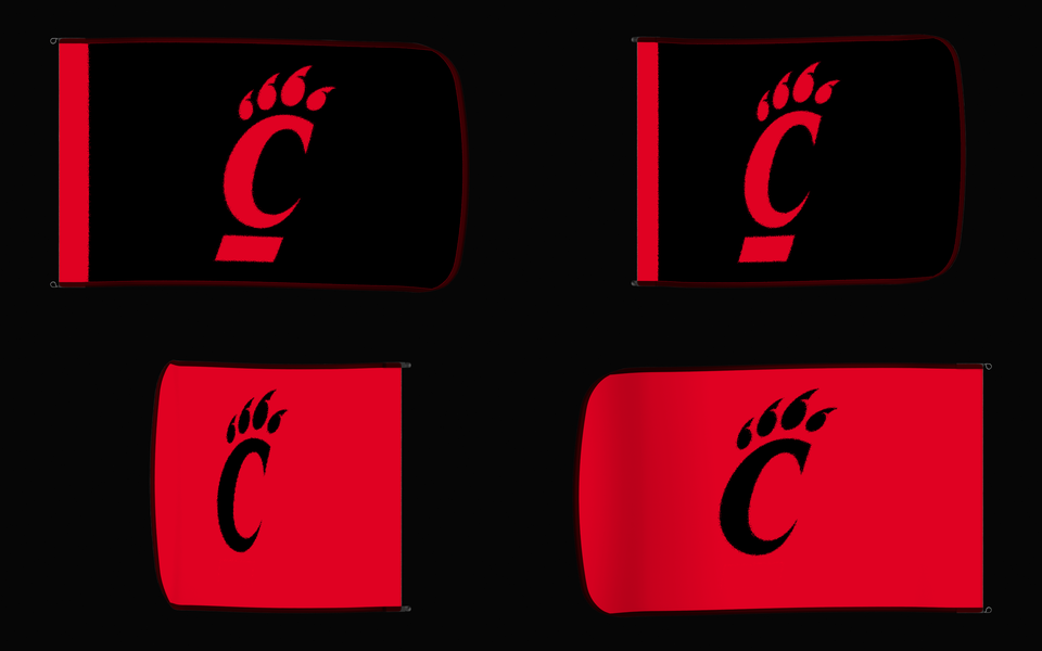 Cincinnati Bearcats Authentic Gameday Flag — clean four-view front design, front flying, back flying, and back design proof — source_sha256=16fbea39c3e058301d45d42b346e24742a13fb2b14a2641b7893bb2b0ca2ab7b