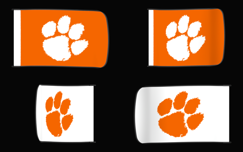 Clemson Tigers Authentic Gameday Flag — clean four-view front design, front flying, back flying, and back design proof — source_sha256=992aefabcadd702010fb78b853579711345040b3681d0225fc83be11fb211b6a
