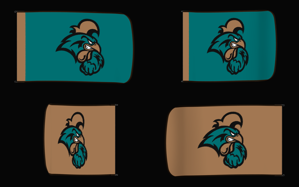 Coastal Carolina Chanticleers Authentic Gameday Flag — clean four-view front design, front flying, back flying, and back design proof — source_sha256=72ee88df4840ac037a60f1c77d21351c35e752e4c108c2f2e4c19713be5ce769