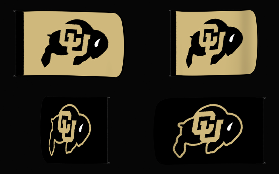 Colorado Buffaloes Authentic Gameday Flag — clean four-view front design, front flying, back flying, and back design proof — source_sha256=4421fca9519b27f725fedd56a8b89fd5e5d0710711d550156bbbca135b5a7fac