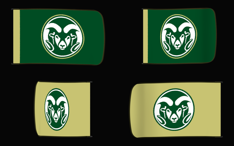 Colorado State Rams Authentic Gameday Flag — clean four-view front design, front flying, back flying, and back design proof — source_sha256=edbff525f7bfc0747ffd1975826eda75dee04fd242a9b183f3e1db8d2601c564