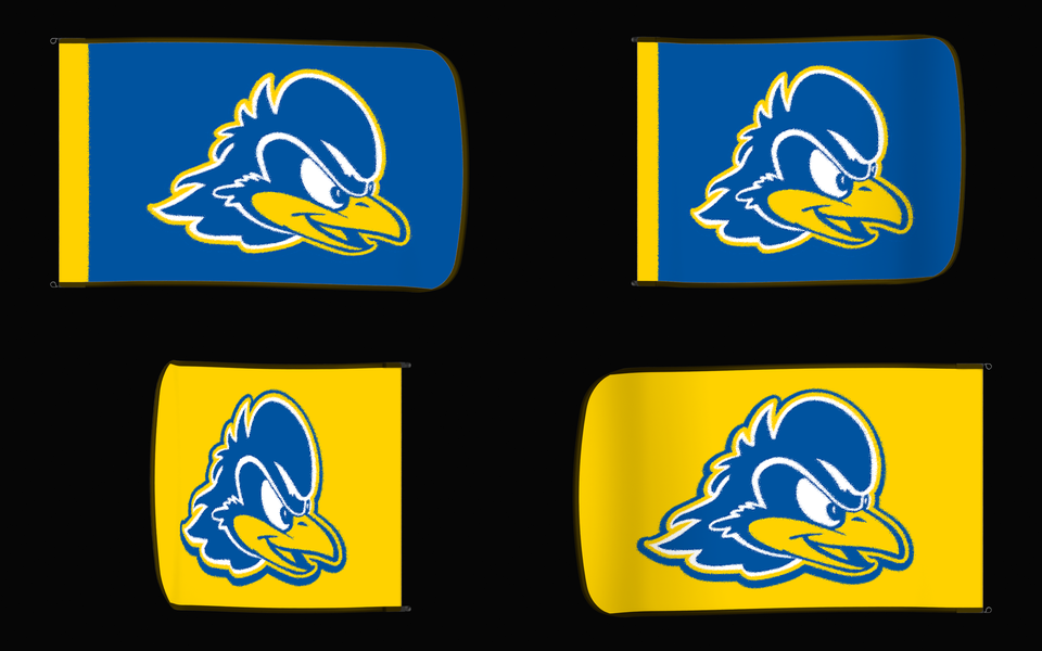 Delaware Blue Hens Authentic Gameday Flag — clean four-view front design, front flying, back flying, and back design proof — source_sha256=55610ac212cea965fa61267c31565116eb10265b36801f9306e3e454fee1ae10