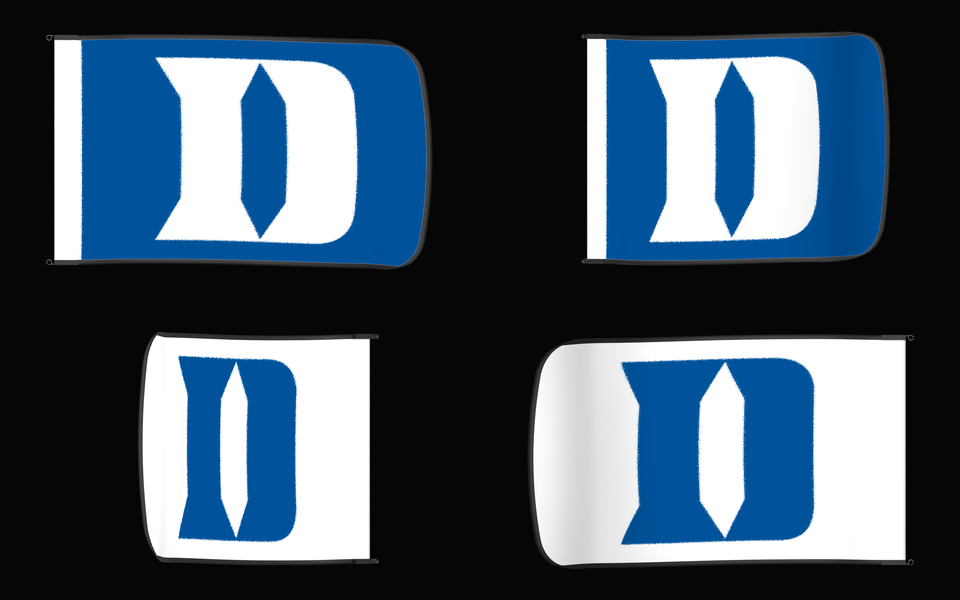 Duke Blue Devils Authentic Gameday Flag — clean four-view front design, front flying, back flying, and back design proof — source_sha256=29bf54afb741623fae154f0e41294bc821a9a54d1bdc1f7f7101d8550992391c