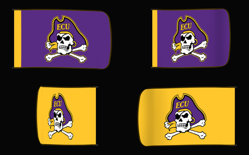 East Carolina Pirates Authentic Gameday Flag — clean four-view front design, front flying, back flying, and back design proof — source_sha256=0fd476d1a2fb4bb1e8cd92c23cbcda23b5cc93a11b048e48a06e7672dc133dda
