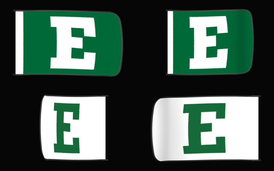 Eastern Michigan Eagles Authentic Gameday Flag — clean four-view front design, front flying, back flying, and back design proof — source_sha256=79efa676809c8003a523592d8c8e24abfcfcf502f4154f84beb3b1410b2e57f4