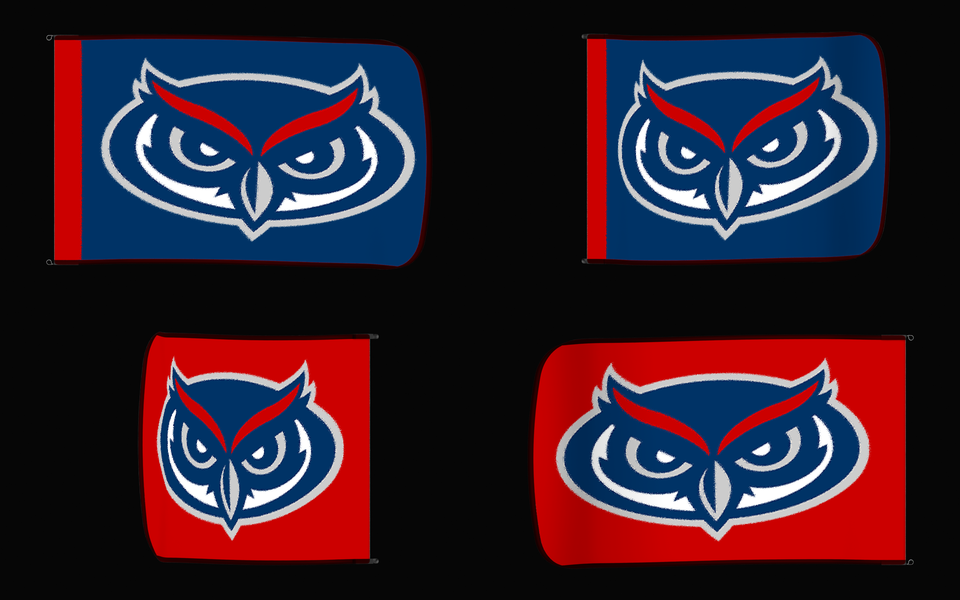 Florida Atlantic Owls Authentic Gameday Flag — clean four-view front design, front flying, back flying, and back design proof — source_sha256=9770a5ddd4ee01adc53b32baac94c2dfb02db1c4681d5adad4012e6f5328e1aa
