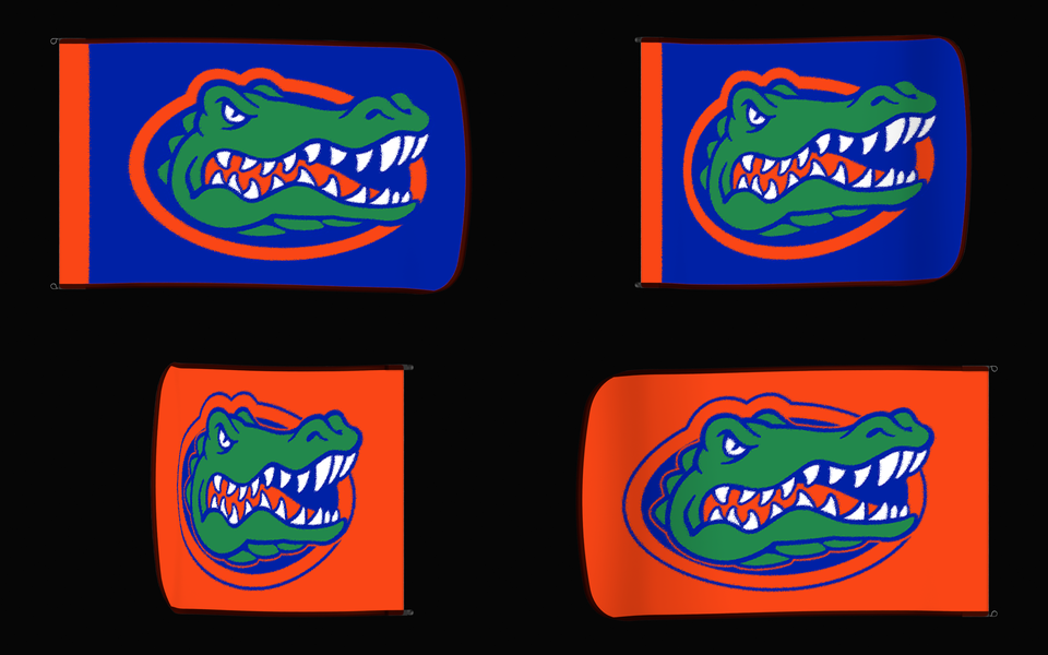 Florida Gators Authentic Gameday Flag — clean four-view front design, front flying, back flying, and back design proof — source_sha256=f84d8998509945a2ab42012ed28829557af06e8c292ad9522e8d63257f430391