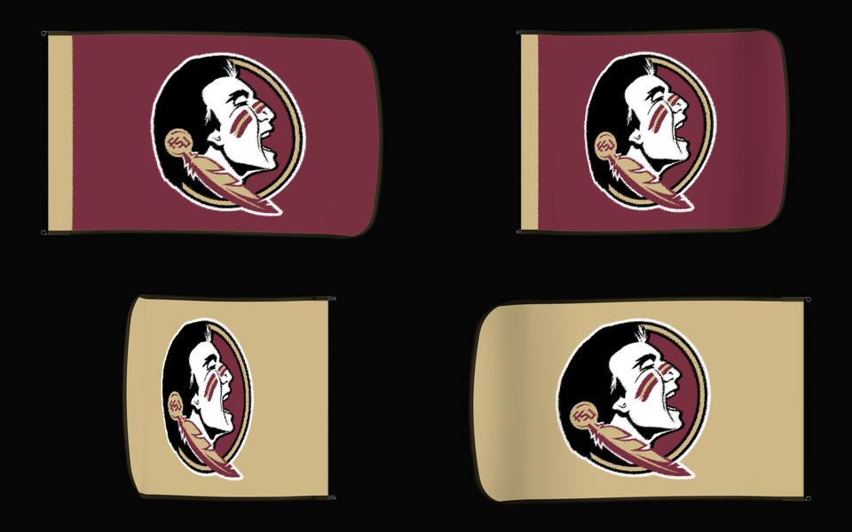Florida State Seminoles Authentic Gameday Flag — clean four-view front design, front flying, back flying, and back design proof — source_sha256=cef23d0903c03073f36ba11a7641235420bf4c1694cc217af8292ea37aa96896