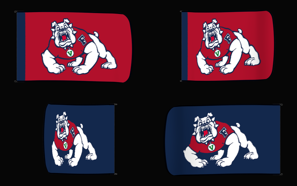 Fresno State Bulldogs Authentic Gameday Flag — clean four-view front design, front flying, back flying, and back design proof — source_sha256=222d94eb9f04f77ce4af13bdc4d78a78a0f461f341c4172a17bb341a5ae70f6b