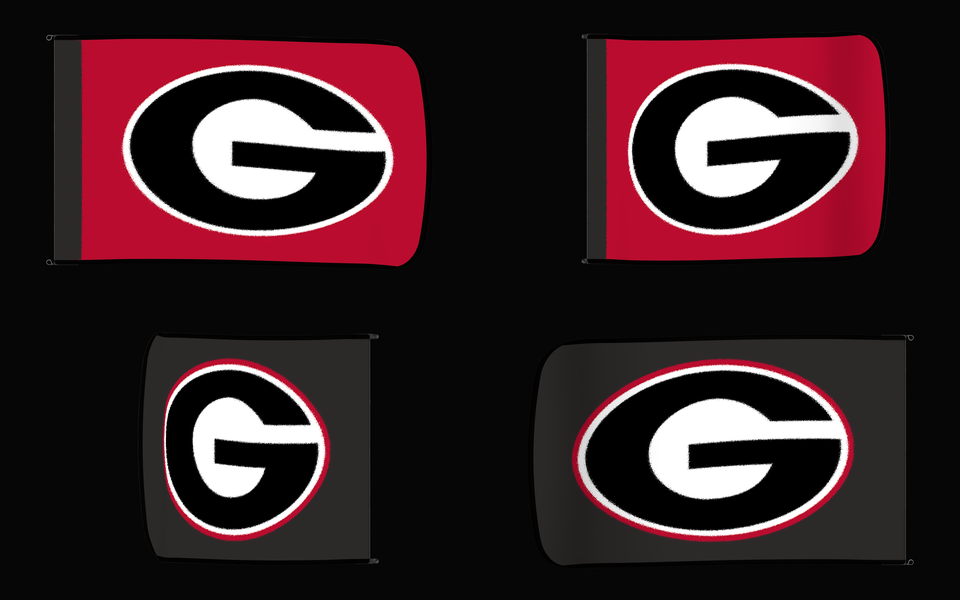 Georgia Bulldogs Authentic Gameday Flag — clean four-view front design, front flying, back flying, and back design proof — source_sha256=f1266f165b5fe1c8759822fedff43beefc2f3c2903c4fc0d901869d6860540d1