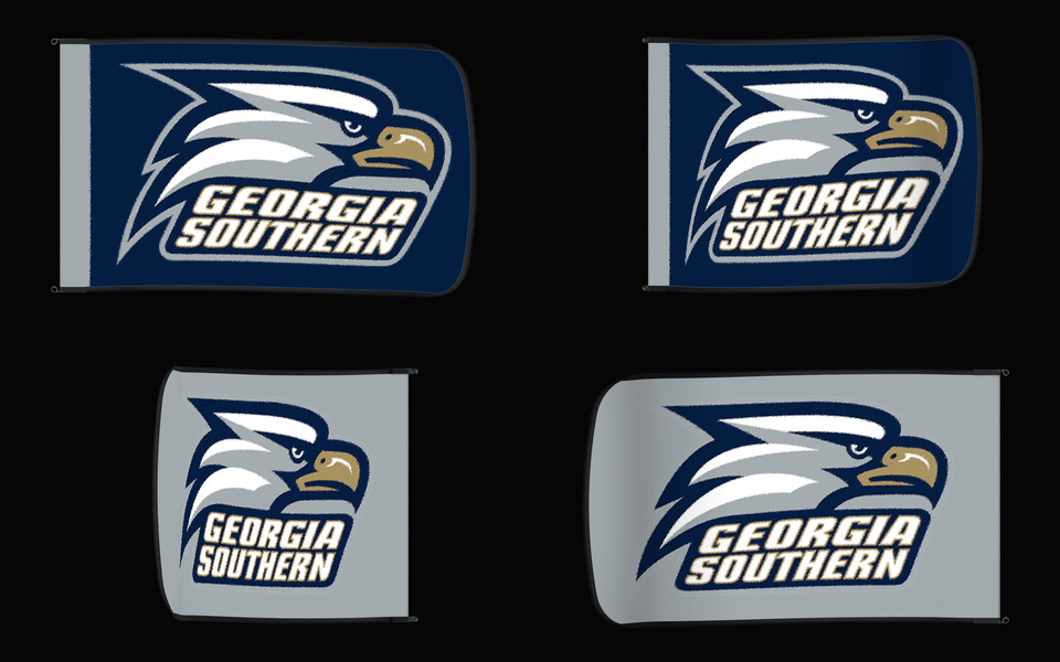 Georgia Southern Eagles Authentic Gameday Flag — clean four-view front design, front flying, back flying, and back design proof — source_sha256=506be9c504b31250e33e79116c51d9f01d2bdaeb541fbb8f5ec7632bf189b653